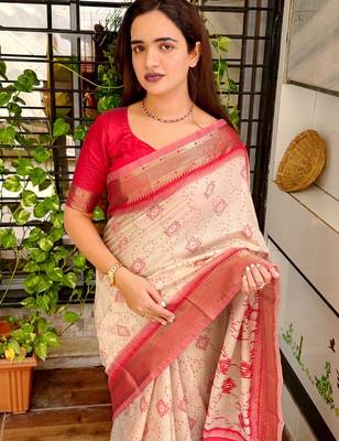 Off white cotton bandhej jacquard thread weaving saree with contrast blouse piece 4