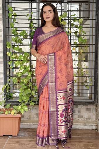 Peach cotton bandhej jacquard thread weaving saree with contrast blouse piece