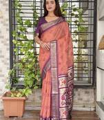 Peach cotton bandhej jacquard thread weaving saree with contrast blouse piece