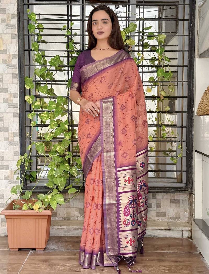Peach cotton bandhej jacquard thread weaving saree with contrast blouse piece