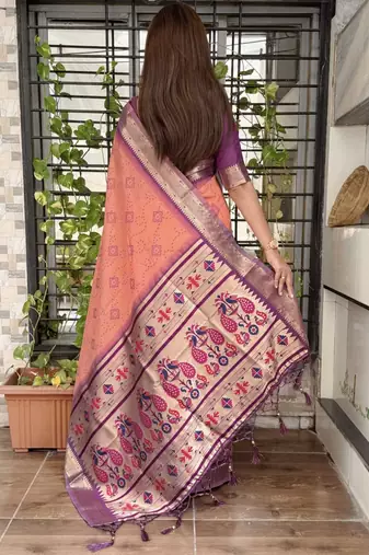 Peach cotton bandhej jacquard thread weaving saree with contrast blouse piece