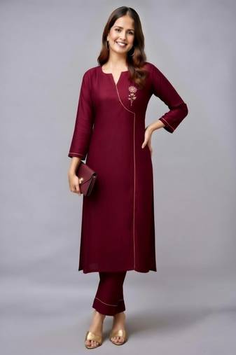 Maroon embroidered rayon kurta set