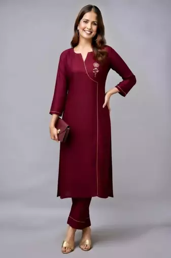 Maroon embroidered rayon kurta set