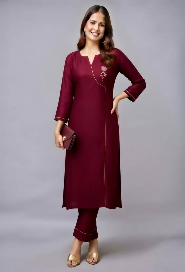 Maroon embroidered rayon kurta set