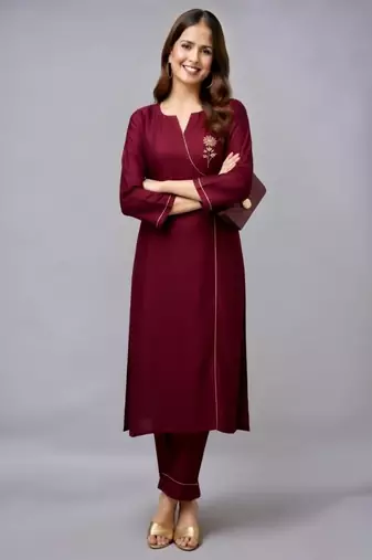 Maroon embroidered rayon kurta set
