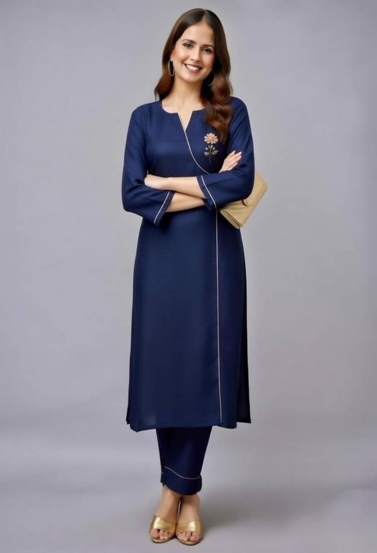 Navy embroidered rayon kurta set