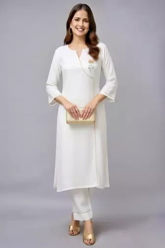 White embroidered rayon kurta set