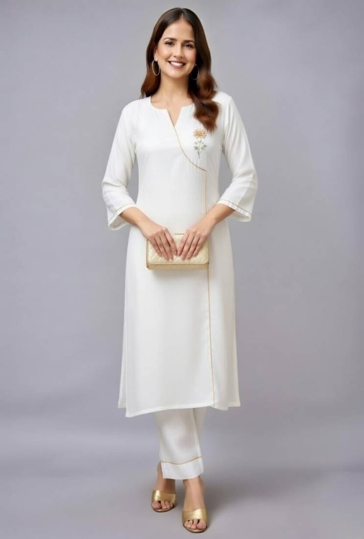 White embroidered rayon kurta set