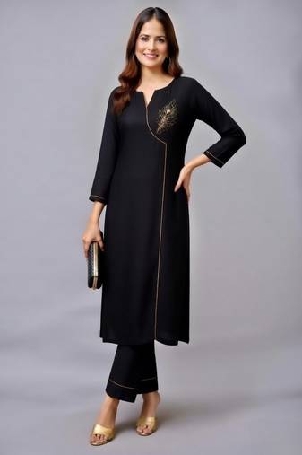Black embroidered rayon kurta set