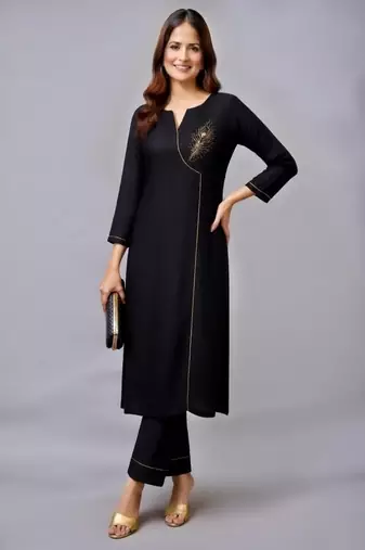 Black embroidered rayon kurta set