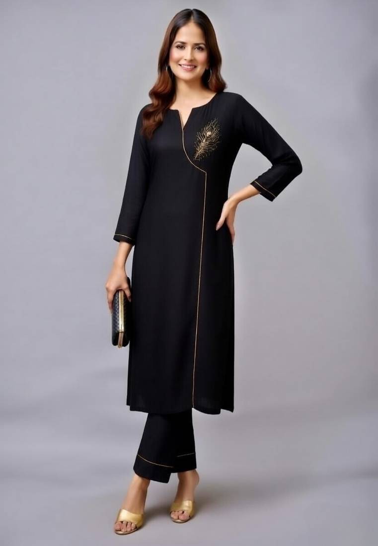 Black embroidered rayon kurta set
