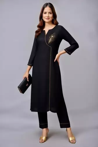 Black embroidered rayon kurta set