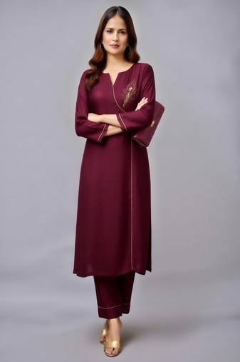 Maroon embroidered rayon kurta set