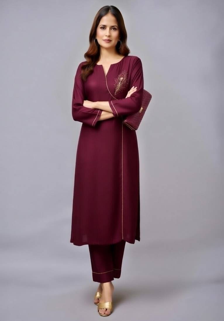 Maroon embroidered rayon kurta set