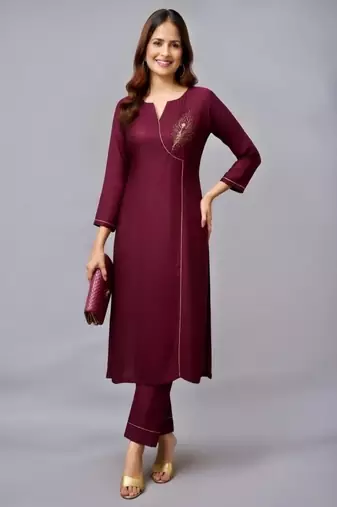 Maroon embroidered rayon kurta set