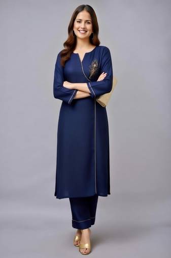 Navy embroidered rayon kurta set