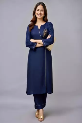 Navy embroidered rayon kurta set