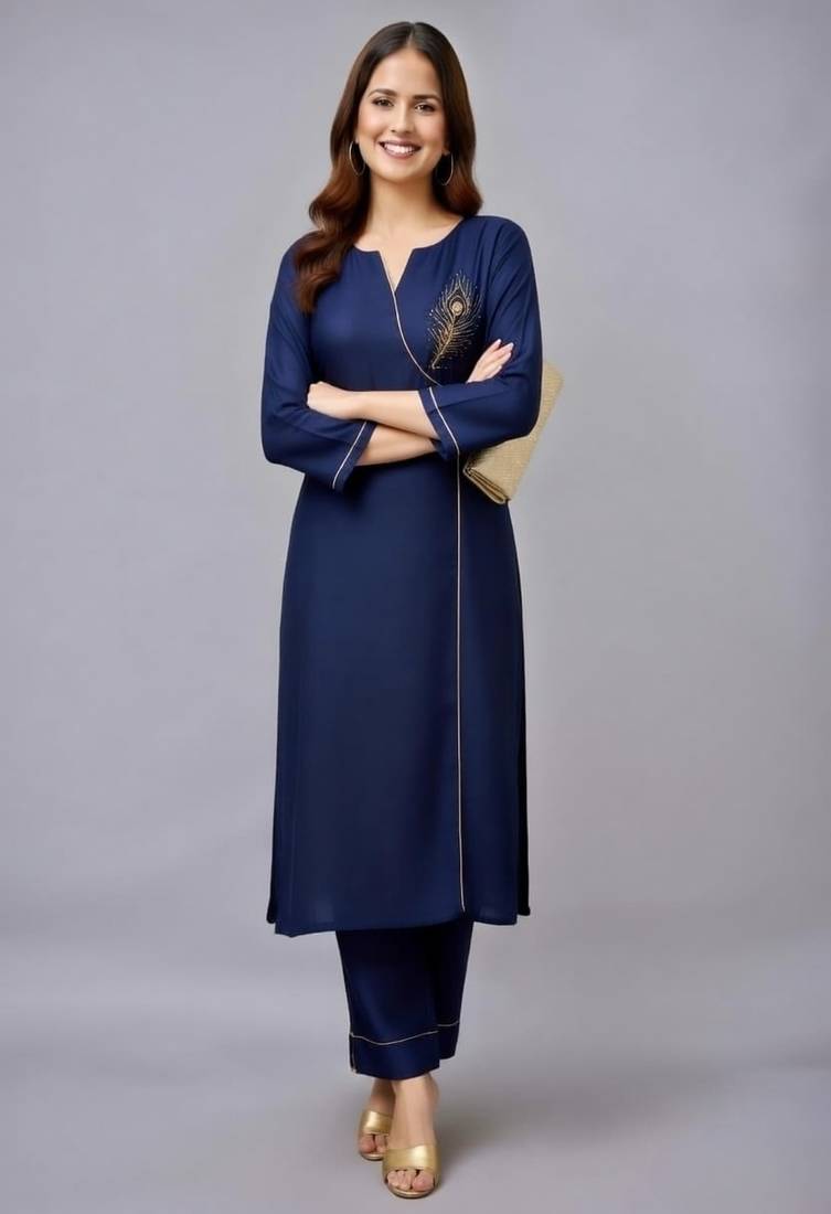 Navy embroidered rayon kurta set
