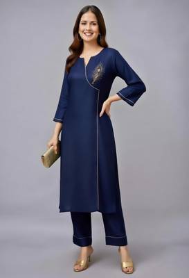 Navy embroidered rayon kurta set 2