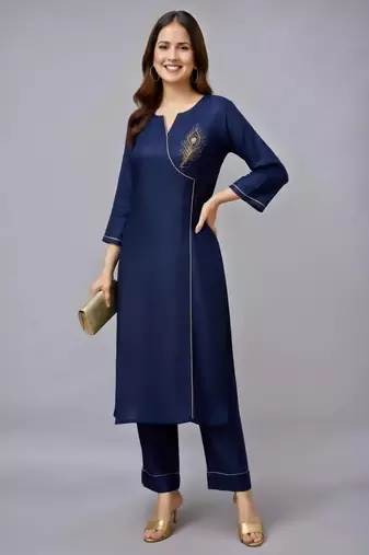 Navy embroidered rayon kurta set