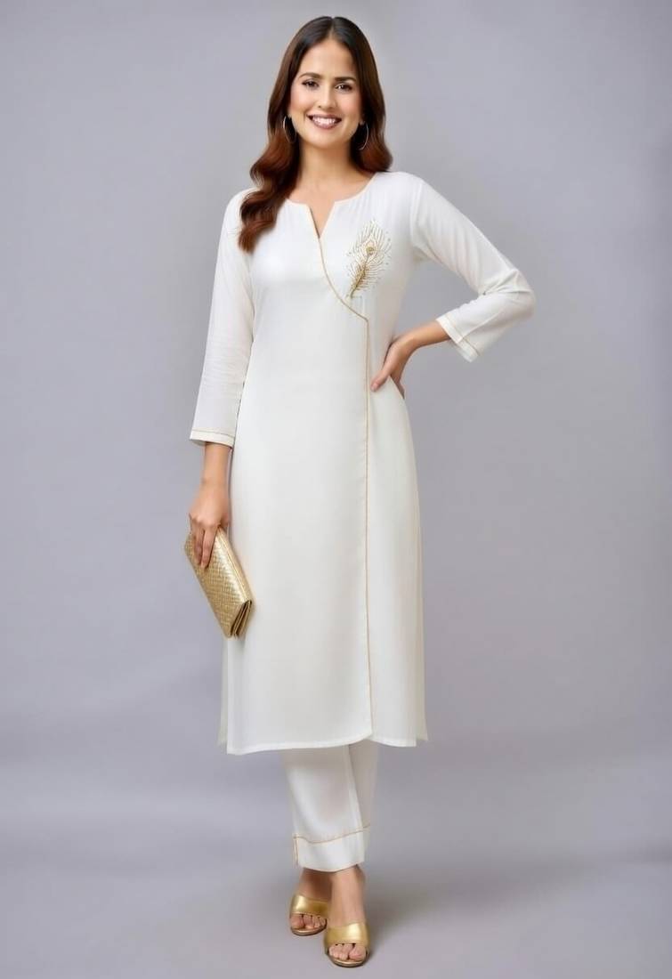 White embroidered rayon kurta set