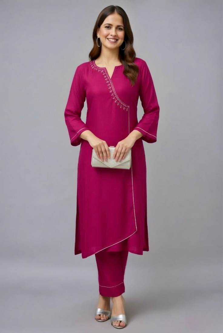 Pink embroidered rayon kurta set