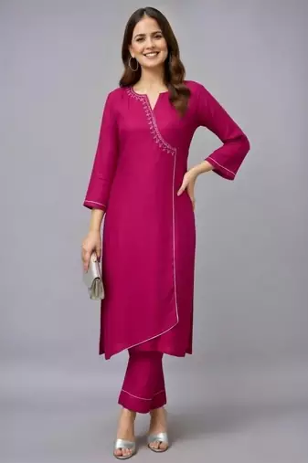 Pink embroidered rayon kurta set