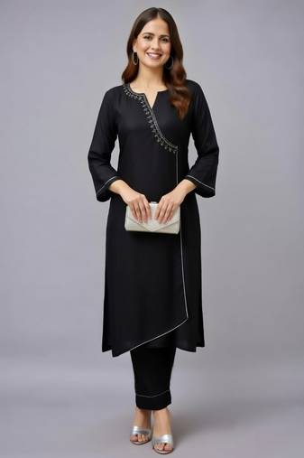 Black embroidered rayon kurta set