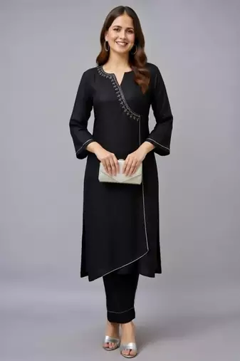 Black embroidered rayon kurta set