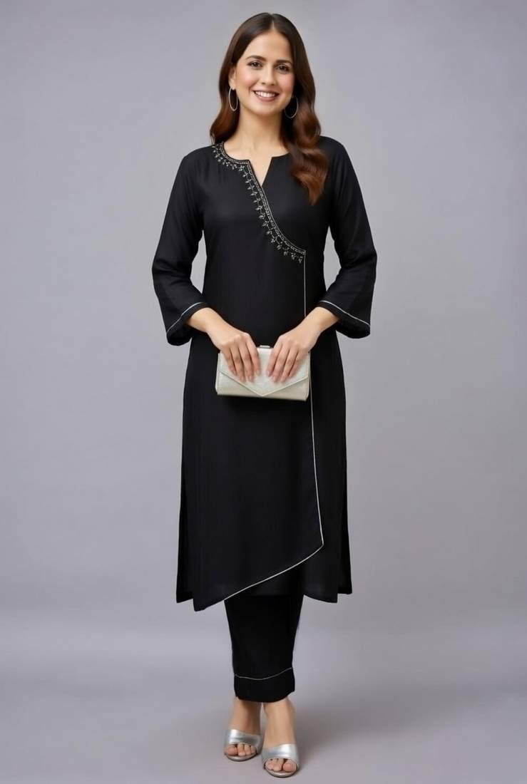 Black embroidered rayon kurta set