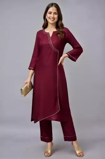 Maroon embroidered rayon kurta set