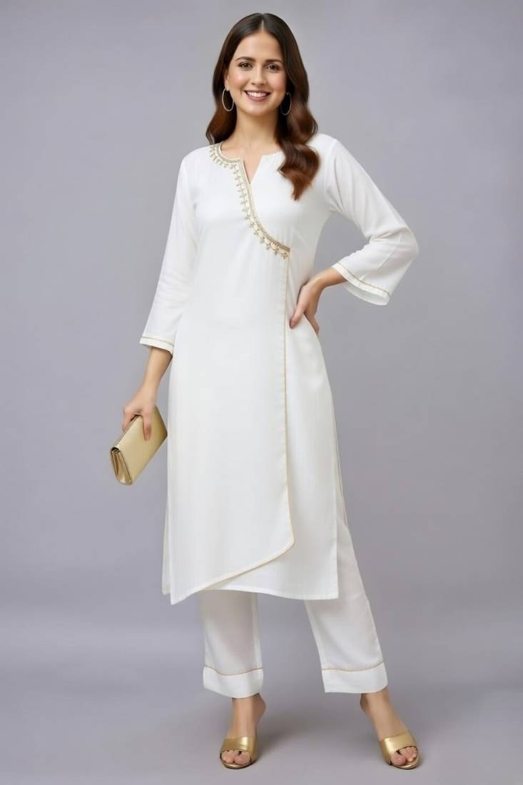 White embroidered rayon kurta set