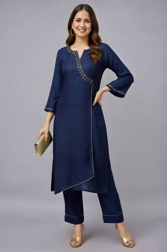 Navy embroidered rayon kurta set