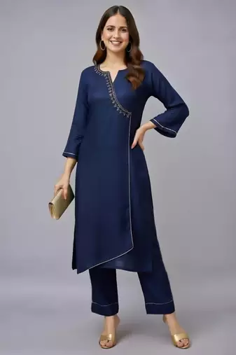 Navy embroidered rayon kurta set
