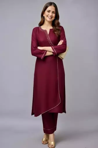 Maroon embroidered rayon kurta set