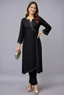 Black embroidered rayon kurta set 2