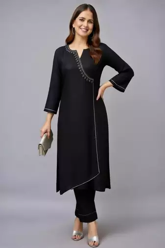 Black embroidered rayon kurta set