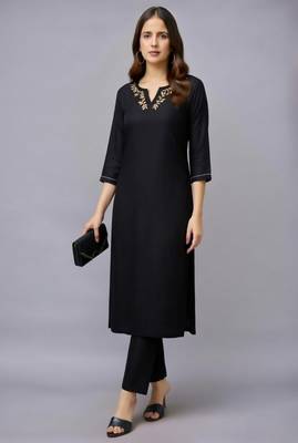 Black embroidered rayon kurta set 1