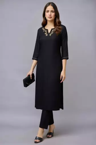 Black embroidered rayon kurta set