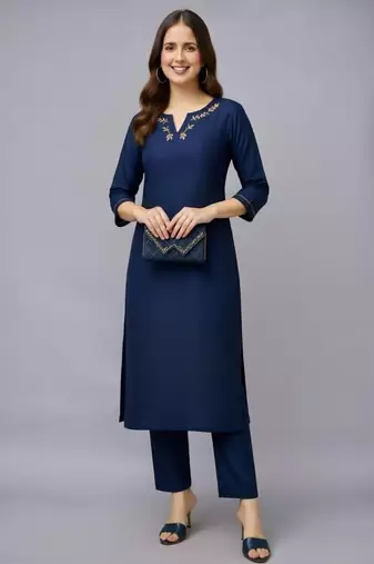 Navy embroidered rayon kurta set