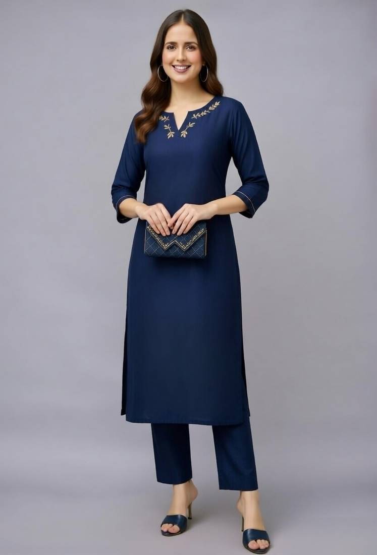 Navy embroidered rayon kurta set