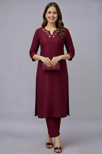 Maroon embroidered rayon kurta set
