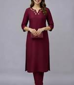 Maroon embroidered rayon kurta set