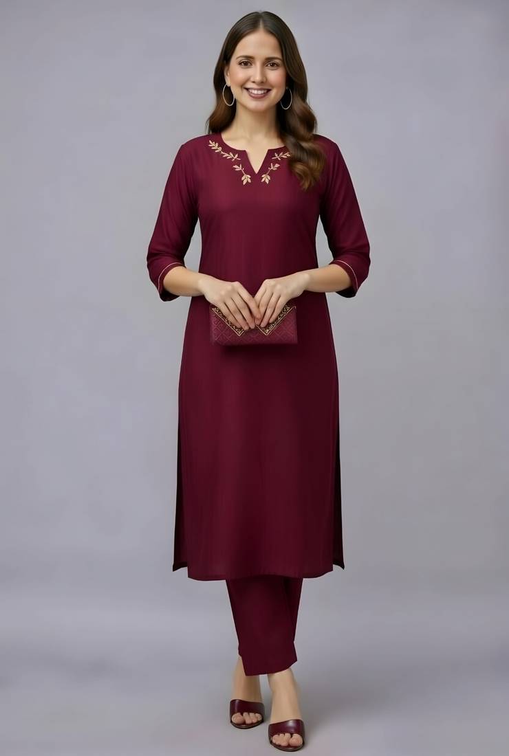 Maroon embroidered rayon kurta set