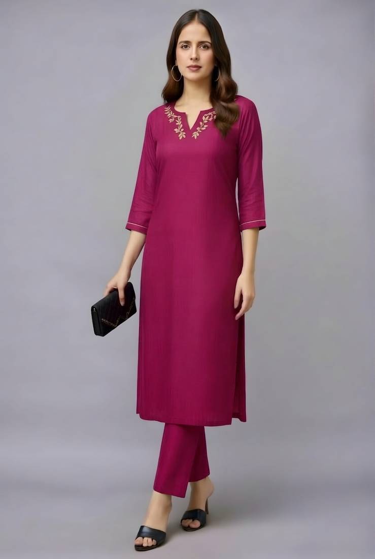 Pink embroidered rayon kurta set