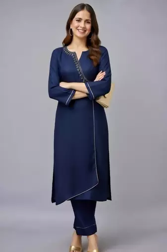 Navy embroidered rayon kurta set