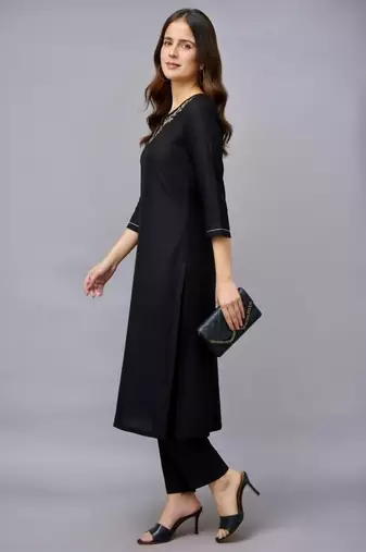 Black embroidered rayon kurta set