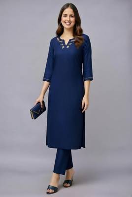 Navy embroidered rayon kurta set 2