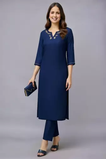 Navy embroidered rayon kurta set
