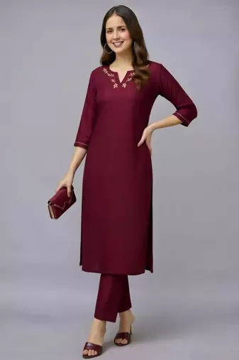 Maroon embroidered rayon kurta set